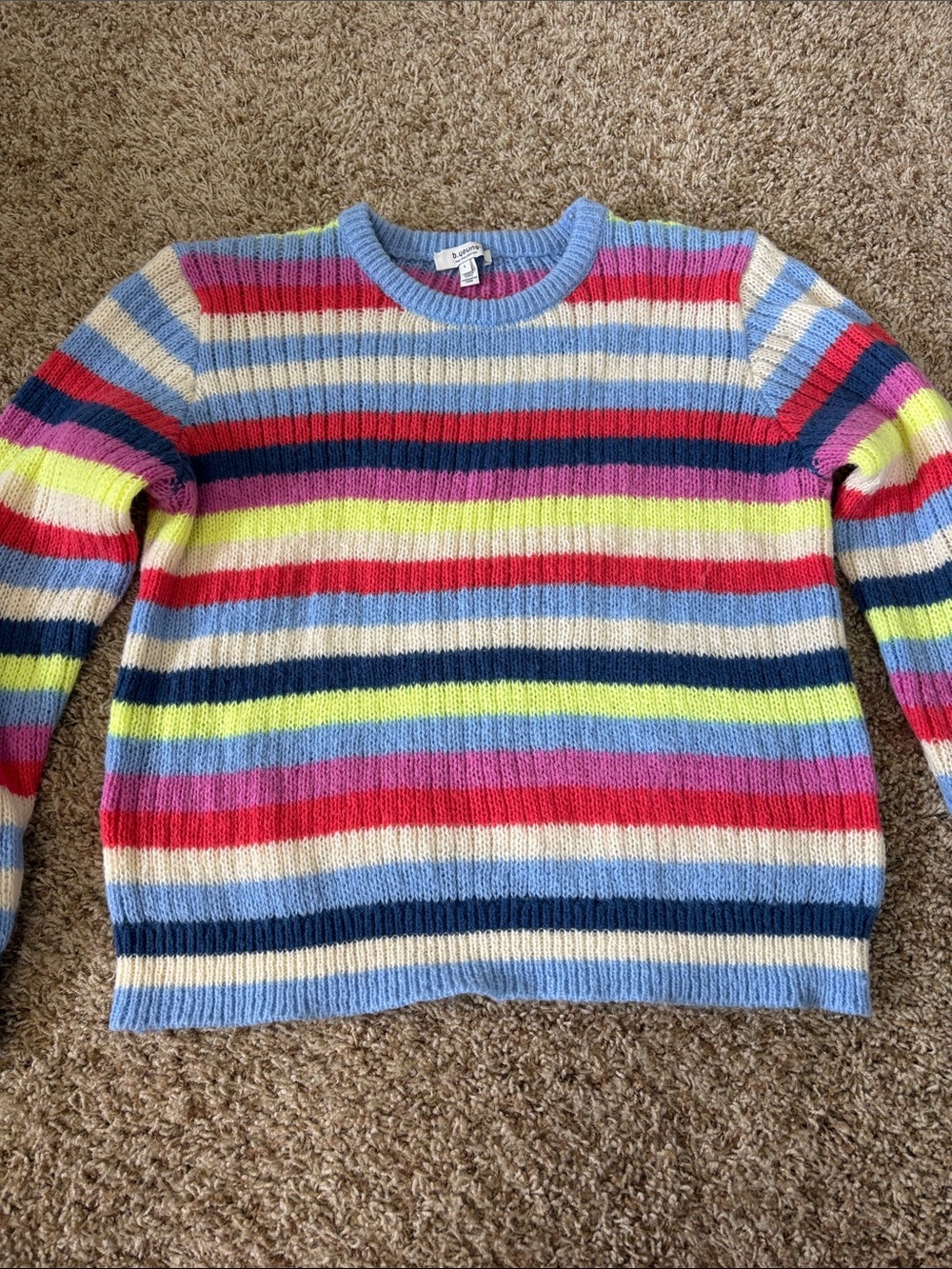 B. Young size large striped rainbow soft knit crewneck sweater